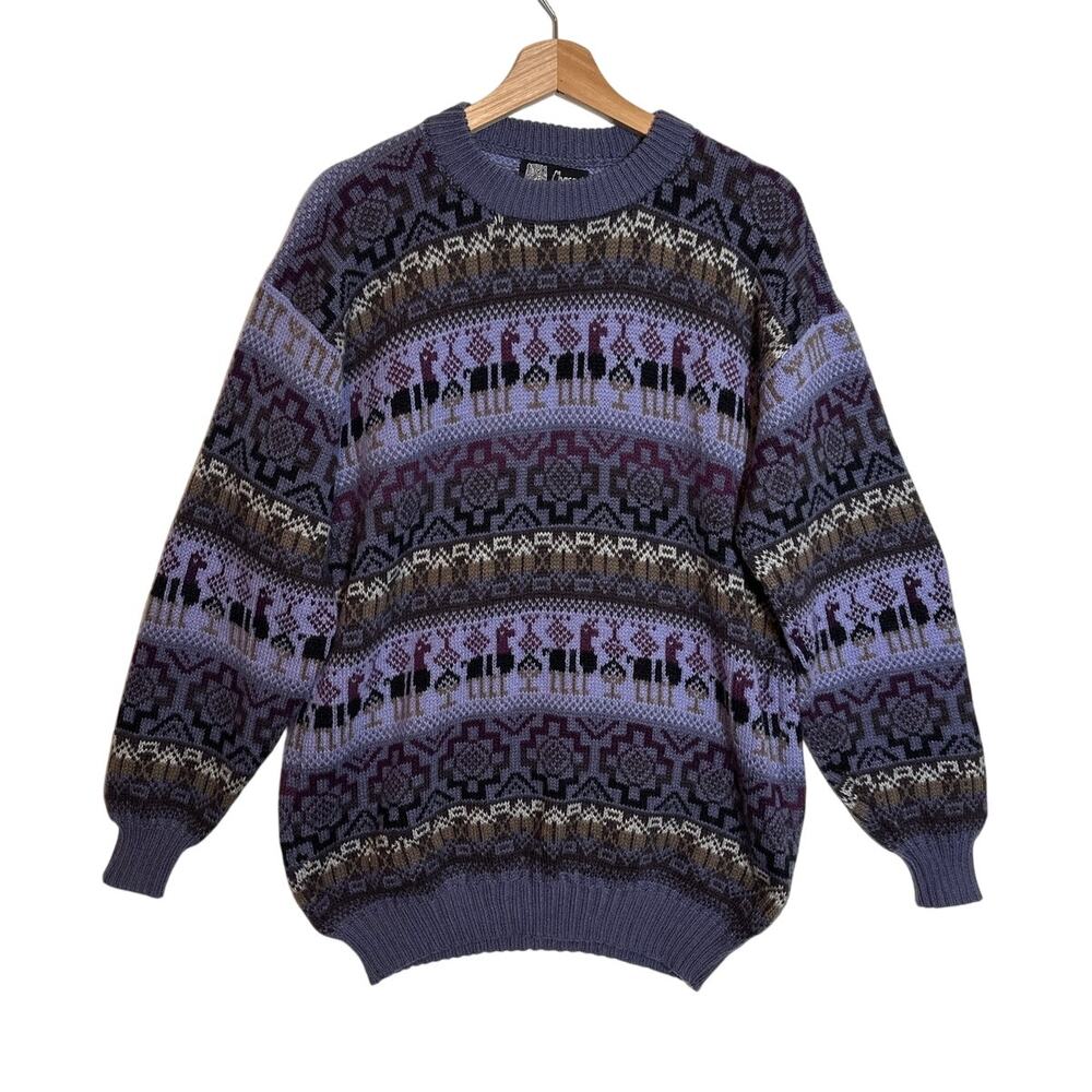 Chasqui Manos Andinas Alpaca Wool Sweater Fair Isle Llama Purple Knit Unisex L
